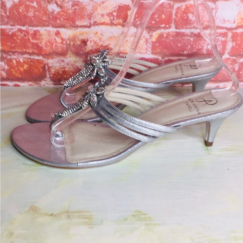 Adrianna Papell Silver Metallic Jeweled T-Strap Heels - Picture 4 of 9